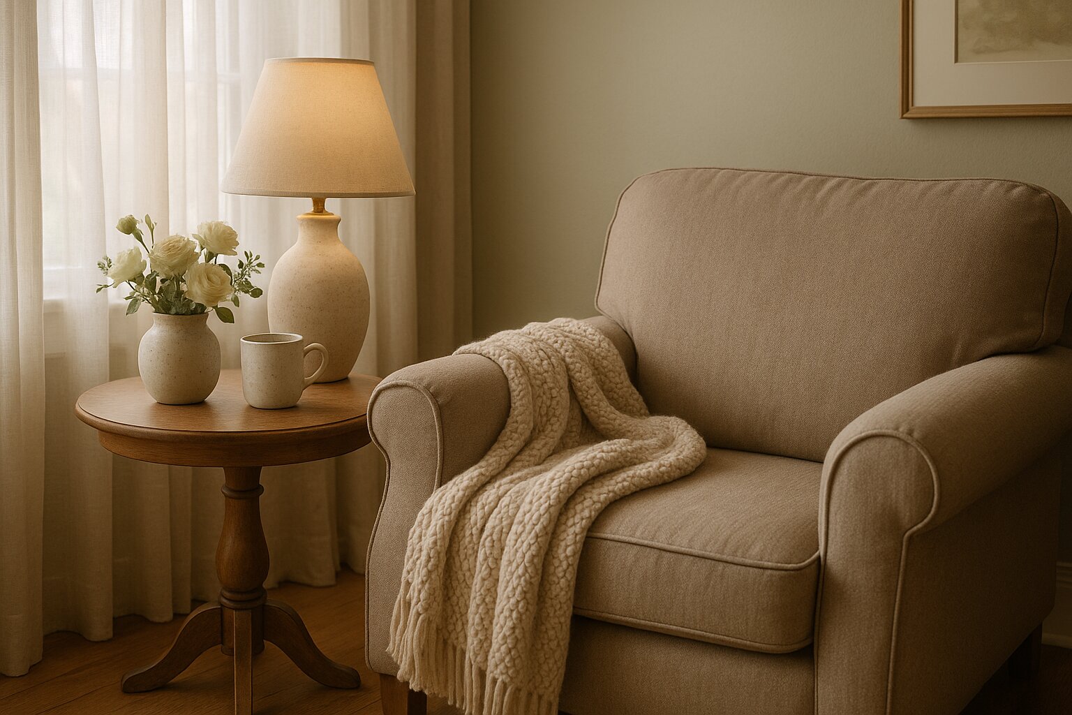 Warm, cosy home interior with neutral tones